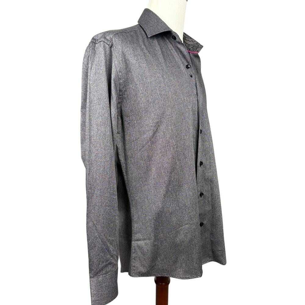 Bertigo Gray Textured Button Down Shirt Large Paisley Trim Cotton - Picture 2 of 6